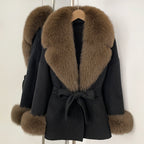 OFTBUY New Women's Double-Faced Wool Coat with Large Real Fox Fur Collar Cuffs Belted Warm Winter Elegant Fashion Outerwear Lady