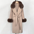 OFTBUY Belted Long Warm Winter Elegant Fashion Outerwear New Women's Double-Faced Wool Coat with Real Fox Fur Collar and Cuffs