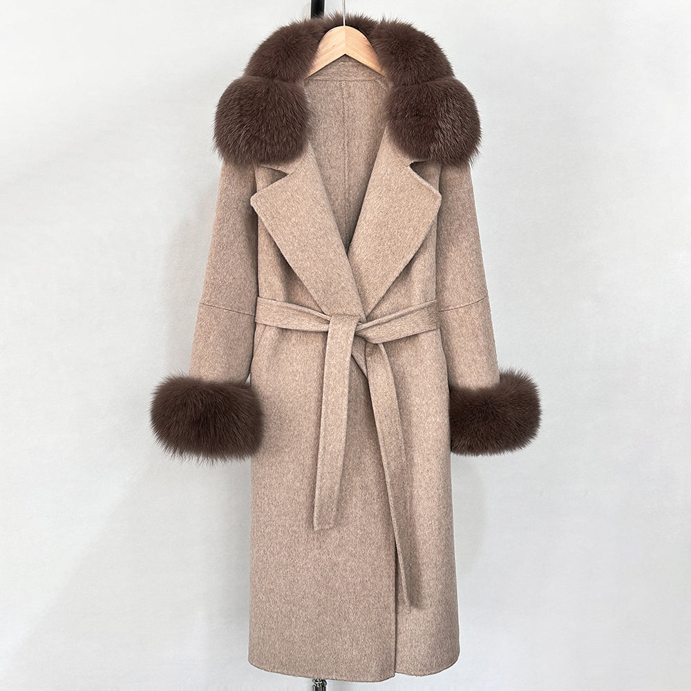 OFTBUY Belted Long Warm Winter Elegant Fashion Outerwear New Women's Double-Faced Wool Coat with Real Fox Fur Collar and Cuffs