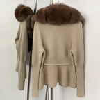 OFTBUY Luxury 100% Cotton Jacket with Real Fox Fur Collar New Autumn Winter Knit Cardigan Women Slim Warm Sweater Outerwear Lady