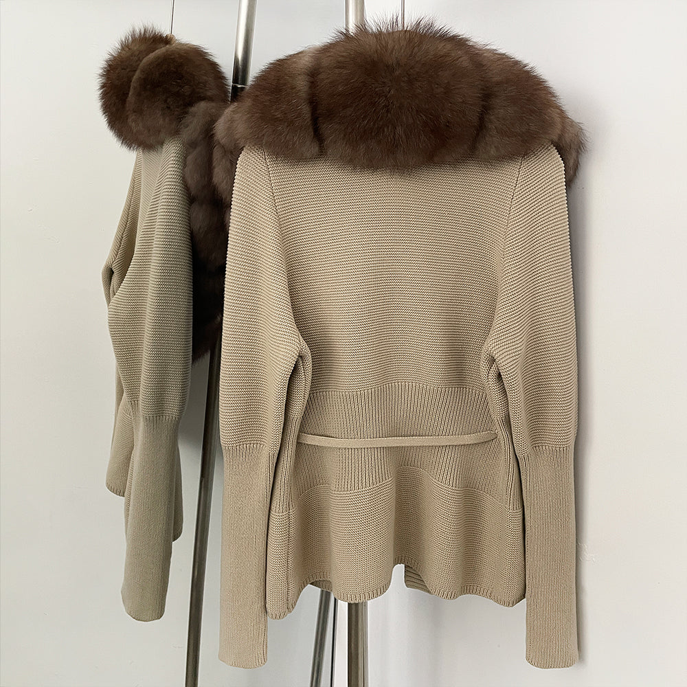OFTBUY Luxury 100% Cotton Jacket with Real Fox Fur Collar New Autumn Winter Knit Cardigan Women Slim Warm Sweater Outerwear Lady