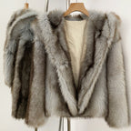 OFTBUY Luxury Hooded Faux Fur Jacket - Premium Vegan Silver Fox Style Cropped Winter Coat