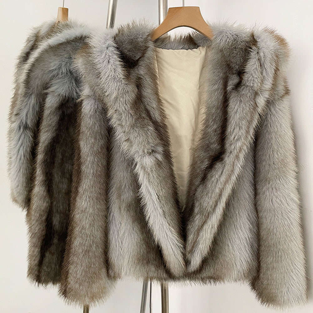 OFTBUY Luxury Hooded Faux Fur Jacket - Premium Vegan Silver Fox Style Cropped Winter Coat