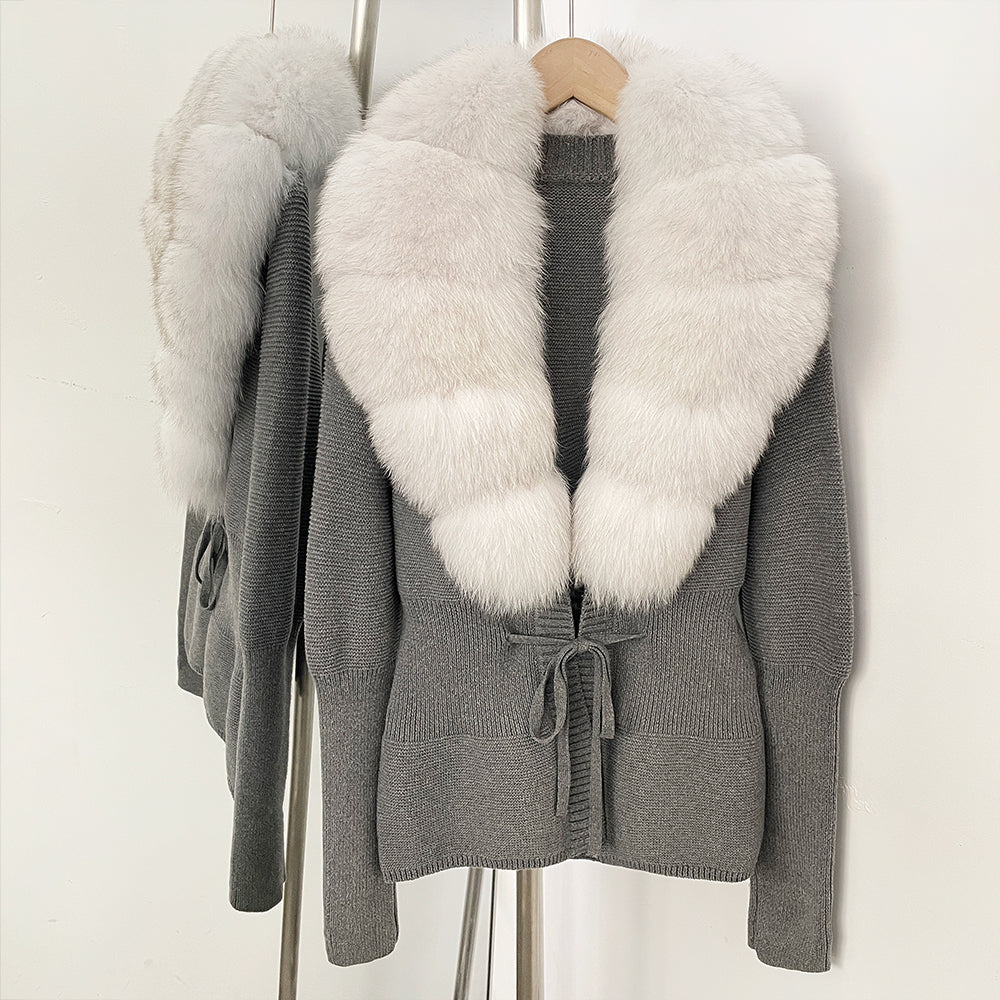 OFTBUY Luxury 100% Cotton Jacket with Real Fox Fur Collar New Autumn Winter Knit Cardigan Women Slim Warm Sweater Outerwear Lady
