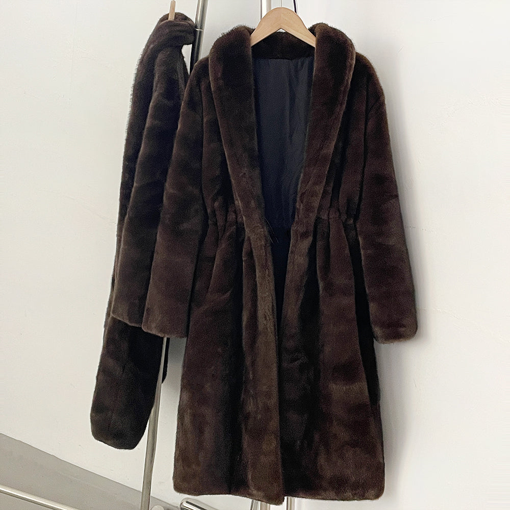 Side front full view of maxi length brown faux mink fur coat