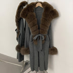 OFTBUY Fashion Warm Belt Real Fox Fur Cardigan New Natural Fur Collar Long Knit Jacket Women Atrumn Winter Top Clothing Female
