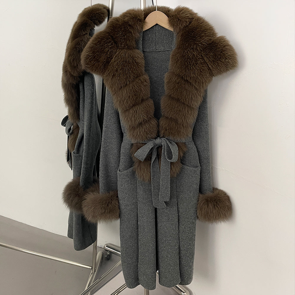 OFTBUY Fashion Warm Belt Real Fox Fur Cardigan New Natural Fur Collar Long Knit Jacket Women Atrumn Winter Top Clothing Female