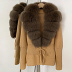 OFTBUY Luxury 100% Cotton Jacket with Real Fox Fur Collar New Autumn Winter Knit Cardigan Women Slim Warm Sweater Outerwear Lady