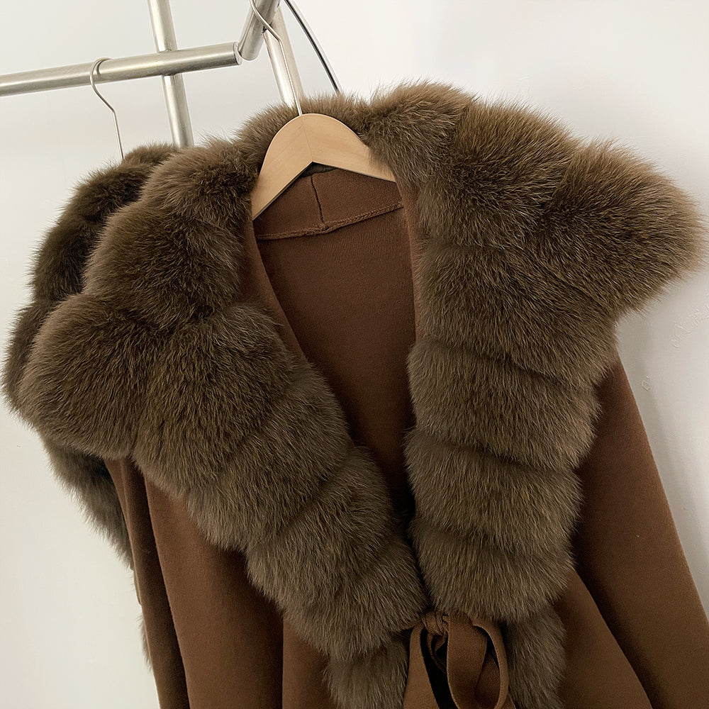OFTBUY New Women's Knit Cardigan with Oversized Real Fox Fur Collar Belt Luxury Warm Winter Outerwear Sweater Jacket Female