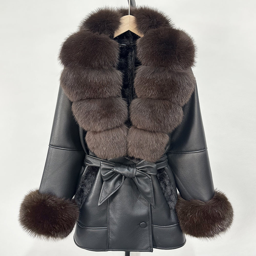OFTBUY Large Natural Fox Fur Women Faux Leather Jacket Autumn Winter Fashion Ladies Warm Retor Faux Lamb Fur Coat Outwear
