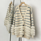 OFTBUY Stripe V-neck Real Fur Trim Sweater Coat Women New Spring Autumn Top Clothing Female Knitted Cardigans with Real Fox Fur