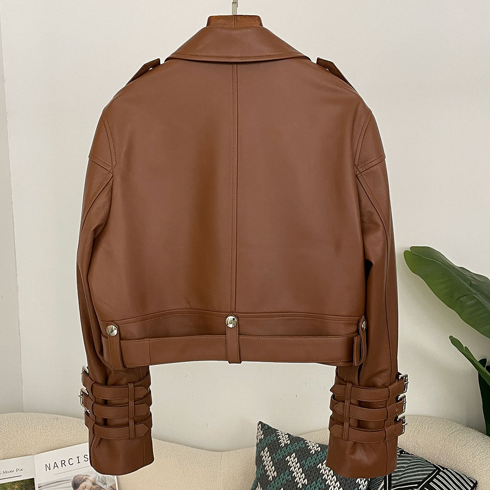 OFTBUY New Women's Genuine Leather Cropped Moto Jacket Crocodile Embossed Real Leather Biker Coat with Belt Punk Rock Outerwear