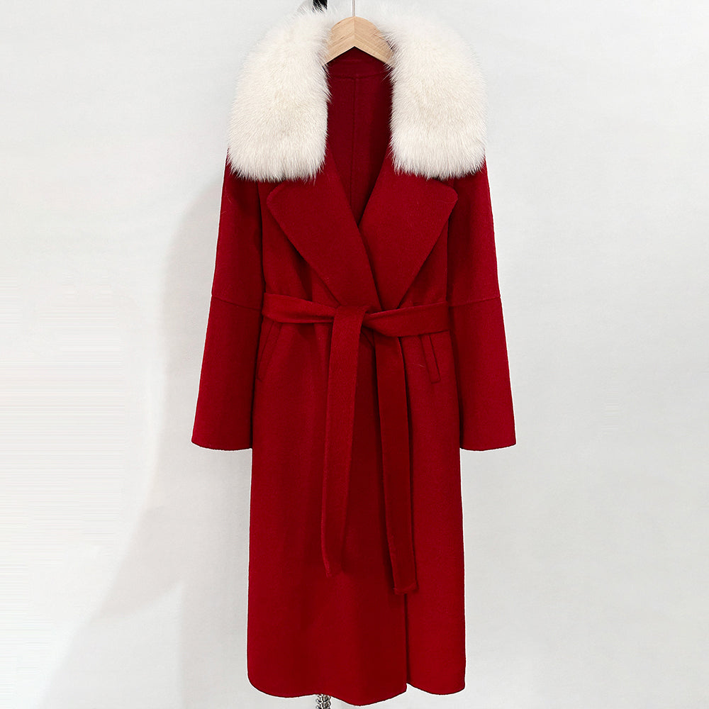 OFTBUY New Autumn Winter Long Clothing Women Fashion Warm Wool Coat with Real Fox Fur Collar Belt Elegant Woolen Jcacket Female