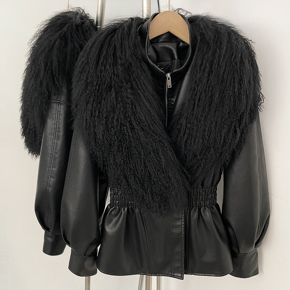 OFTBUY New Spring Autumn Faux Leather Jacket Female Real Mongolia Sheep Fur Pu Leather Coat Women Luxury Fashion Streetwear
