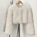 OFTBUY Faux Fur Coat for Women Fur Fluffy Autumn Short Fur Coat Eco-friendly Warm Female New Winter Jacket Long Sleeves O-neck