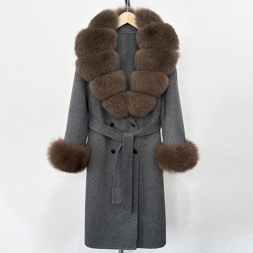 OFTBUY Wholesale New Autumn Winter Clothes Long Natural Woolen Coat Women Fashion Warm 100% Wool Real Fox Fur Jacket Overcoat