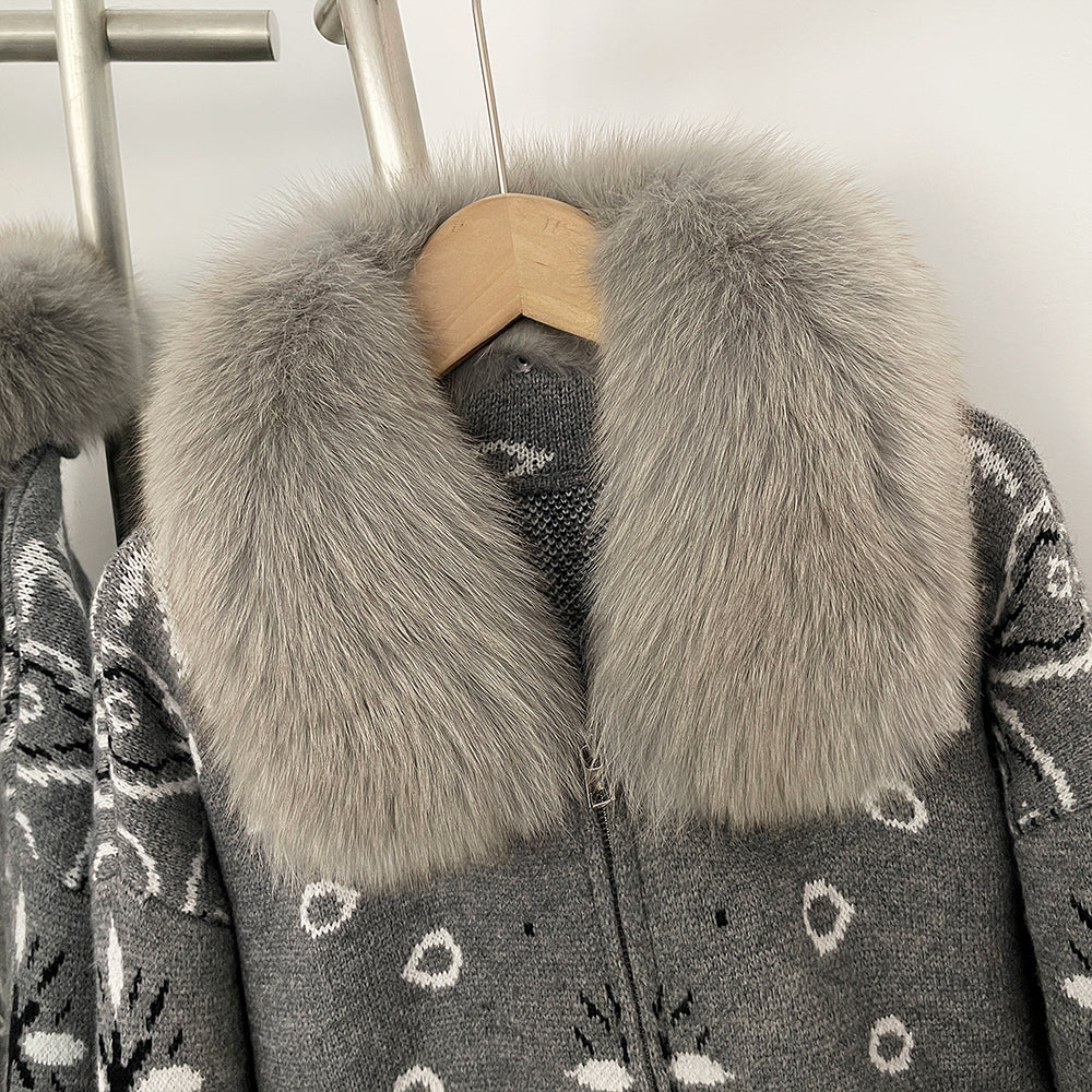 OFTBUY Women's Vintage Real Fox Fur Collar Knit Cardigan Paisley Print Zip Up Sweater Jacket Female Warm Winter Luxury Outerwear