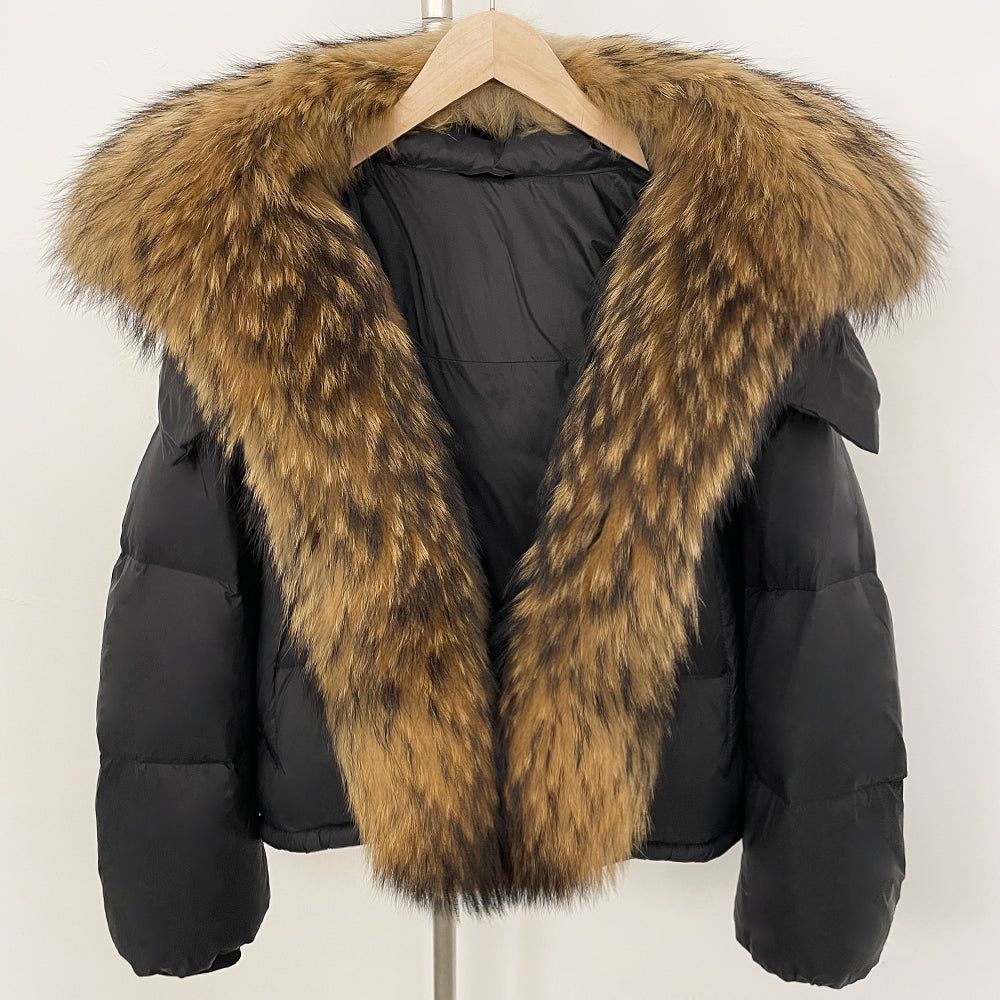 OFTBUY Ultra-Luxury 90% Duck Down Puffer Jacket with Oversized Real Fox & Raccoon Fur Collar