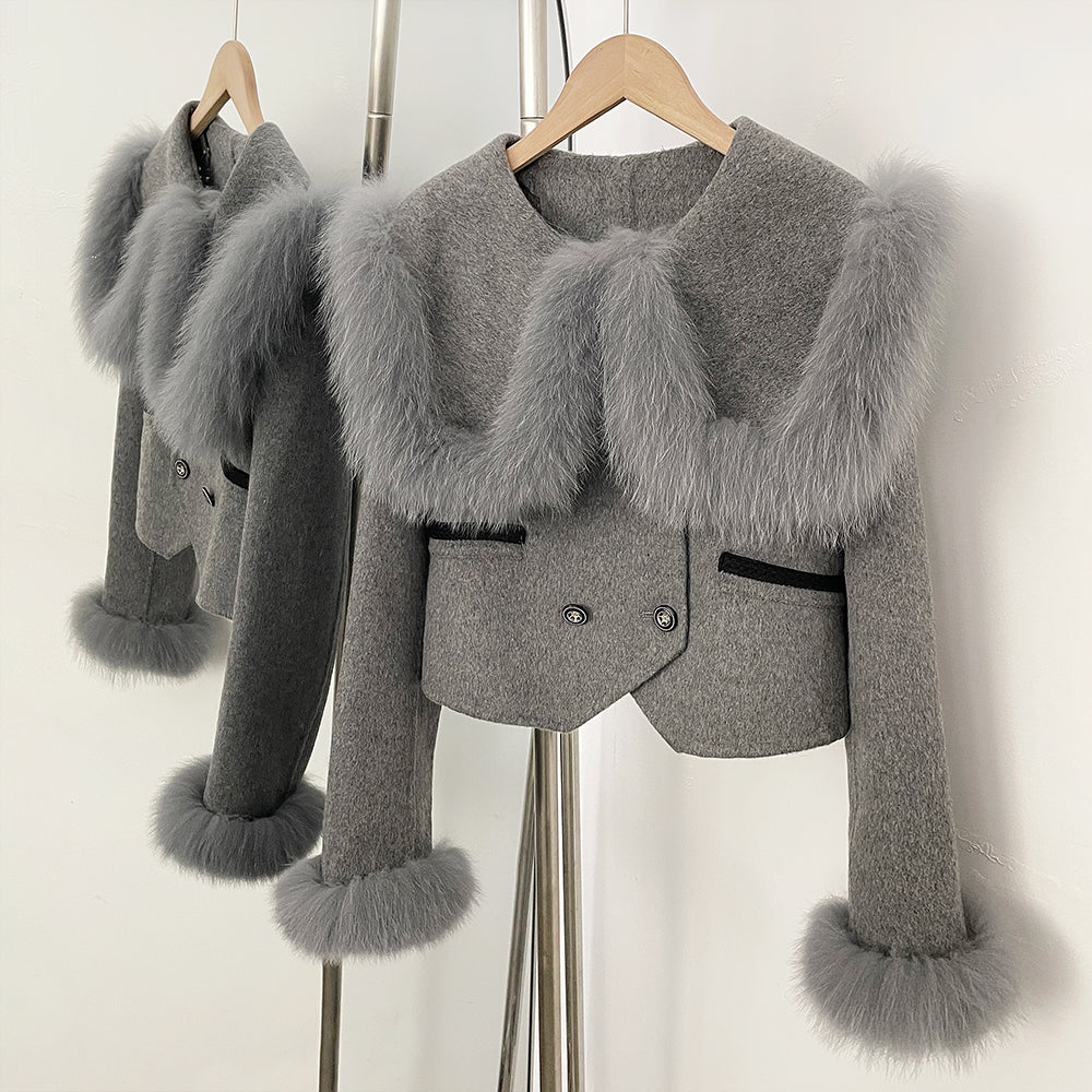 OFTBUY Double Buttons Pockets Warm Winter Elegant Outerwear New Women's Wool Cropped Jacket with Large Real Fox Fur Collar Cuffs