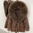 OFTBUY Thick Warm Mid-Long Puffer Coat Real Fox Fur Collar White Duck Down Coat Female Loose Warm Hooded Parkas With Belt
