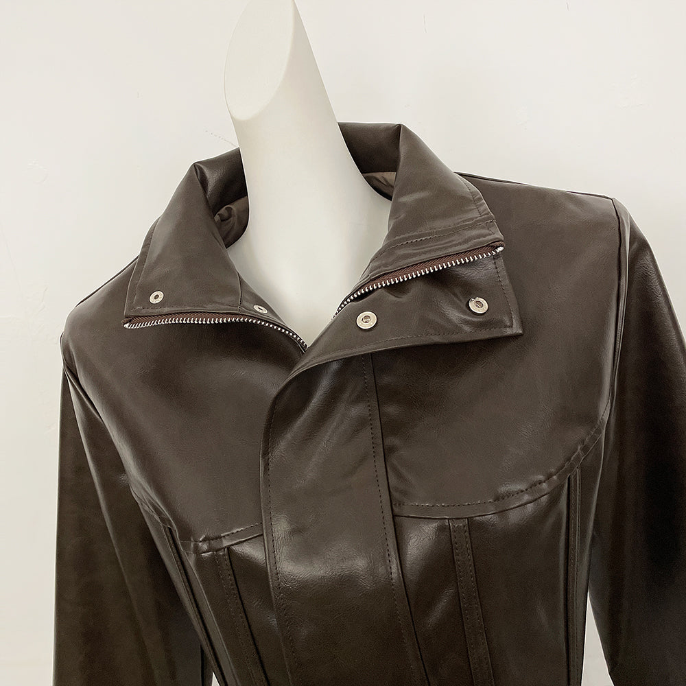 OFTBUY New Women's Faux Leather Cropped Jacket Stand Collar Asymmetric Hem Closure Streetwear Fashion Outerwear Clothing Female