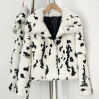White cow spot print soft natural rabbit fur short winter coat front view