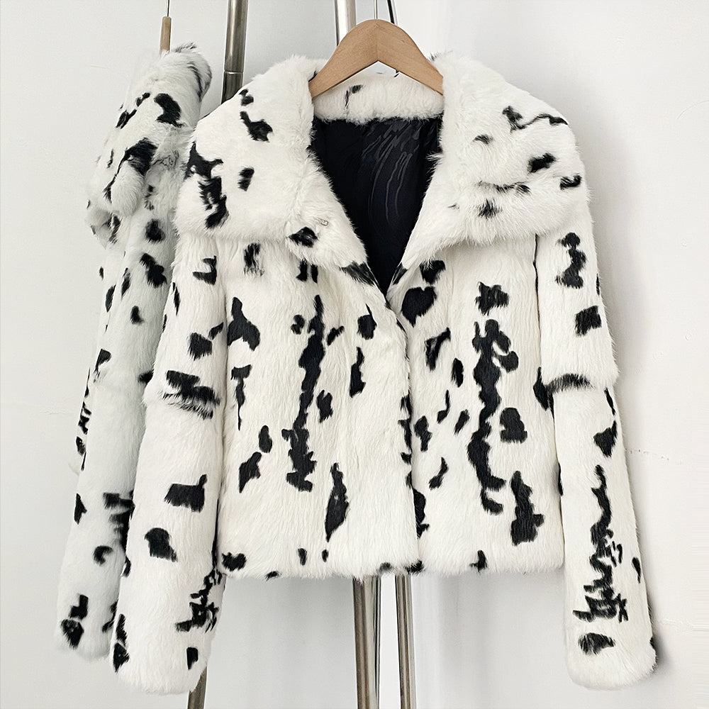White cow spot print soft natural rabbit fur short winter coat front view