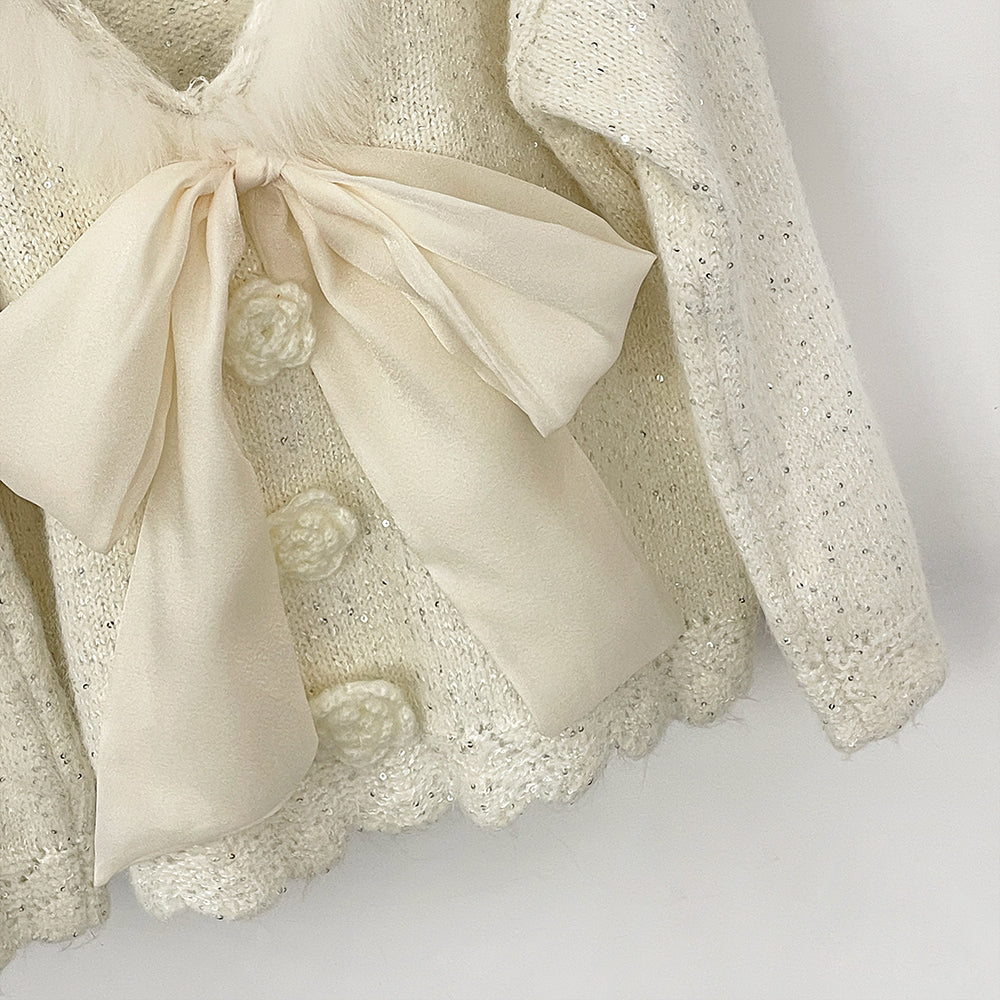 OFTBUY New Spring Autumn Loose Sequins Clothes Women Flowers Bow Knit Pullovers Jacket Female Real Fox Fur Back-length Sweater