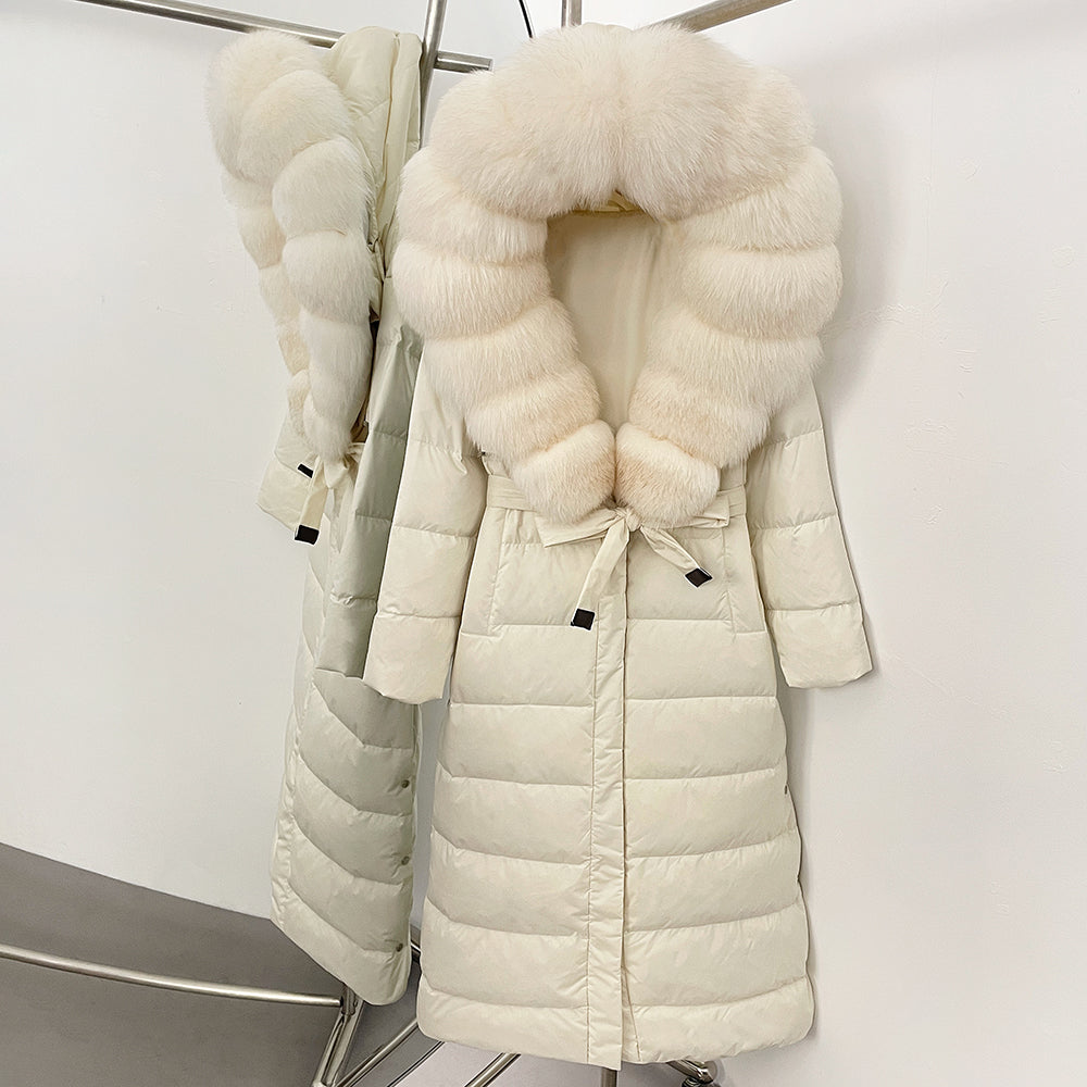 OFTBUY Hooded Winter White Duck Down Coat Large Real Fox Fur Collar X-Long Puffer Jacket Women Thick Female Parkas With Belt