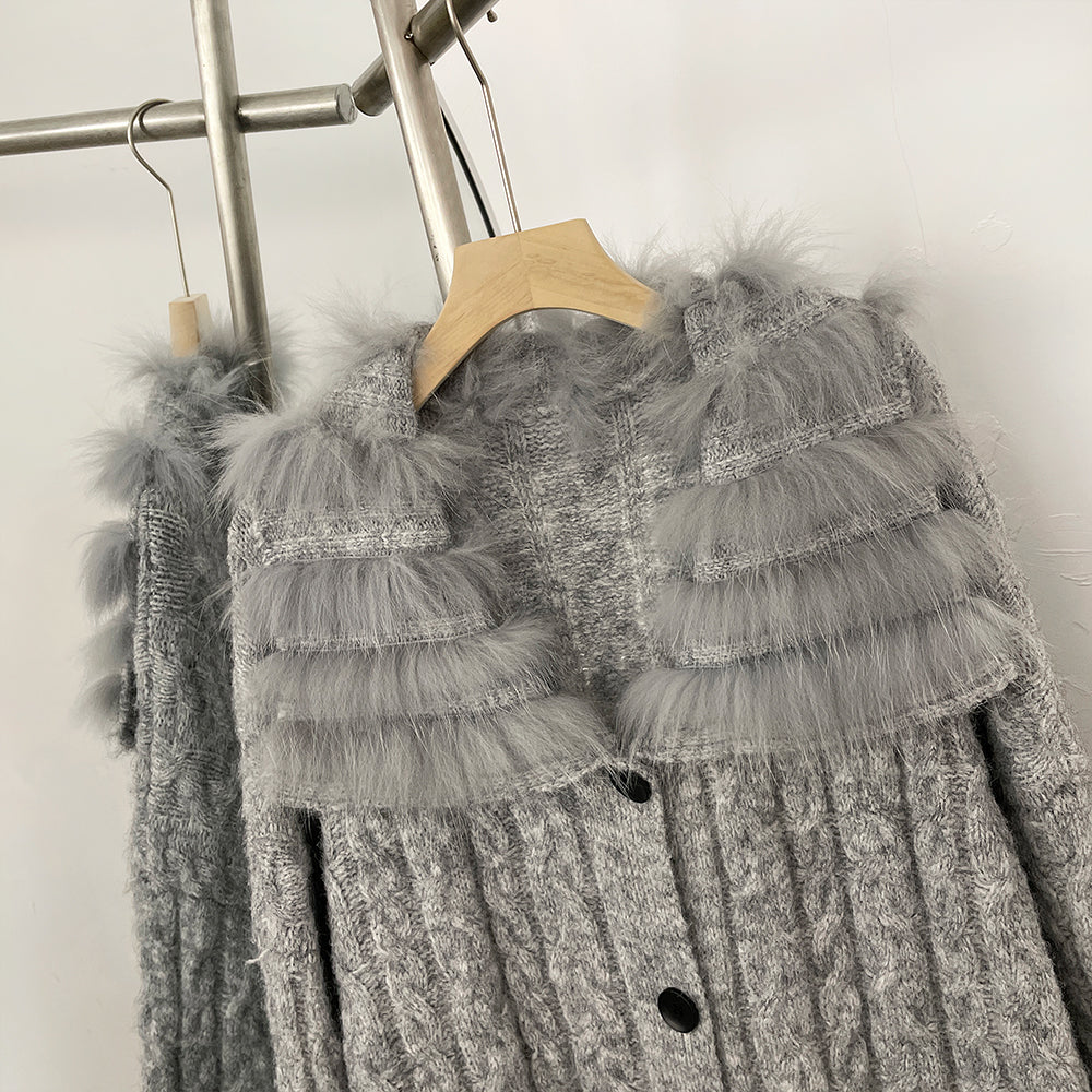 OFTBUY New Spring Warm Top Knitted Clothing Female Oversize Resl Fox Fur Cardigan Sweater Coat Women Loose Knitting Knitwear
