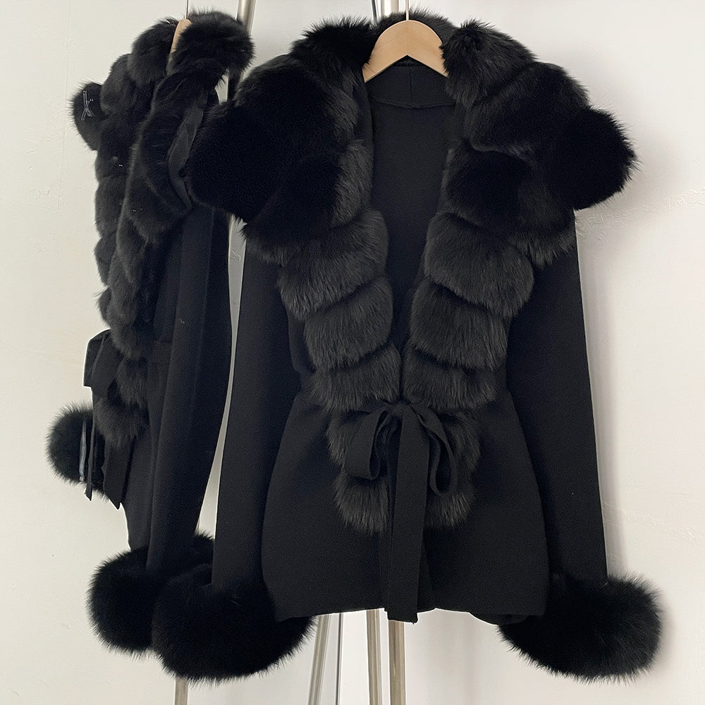 OFTBUY cardigan women Sweater Female New Women's Knit Coat with Real Fox Fur collar Belt Luxury Warm Winter Fashion Outerwear