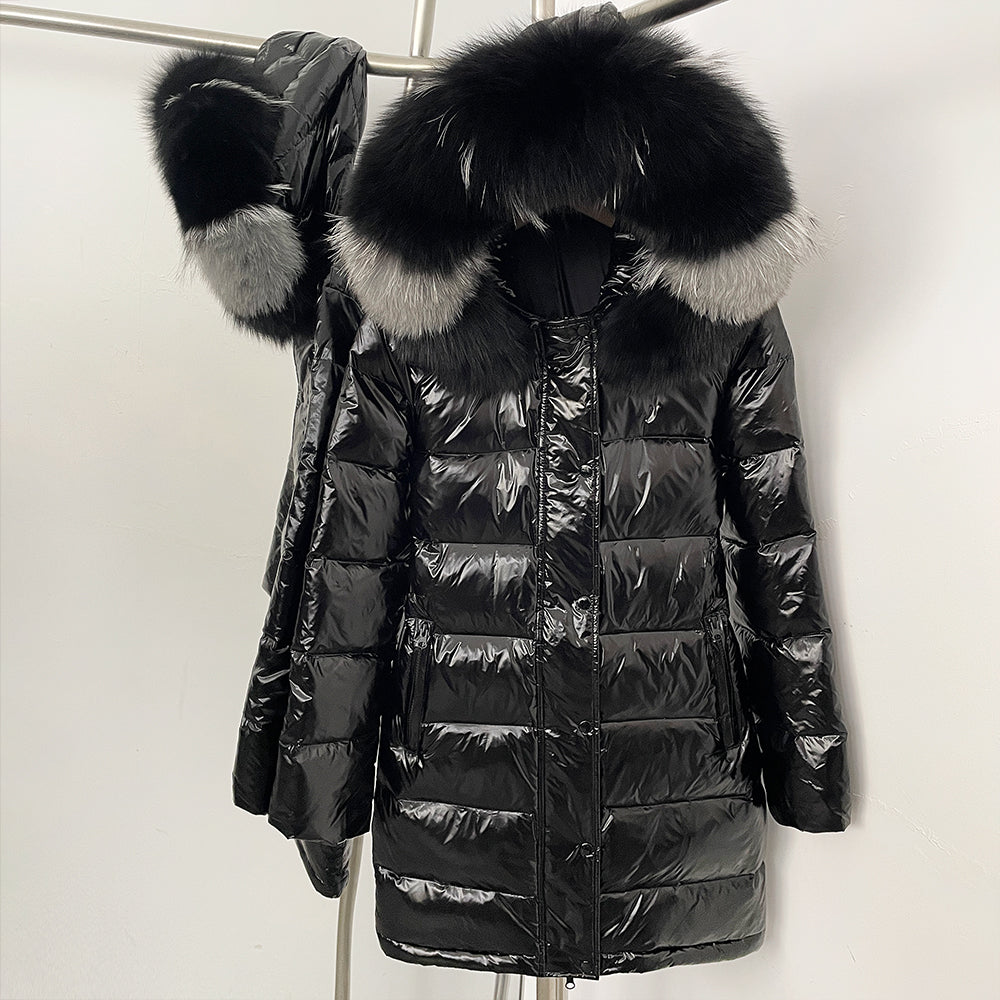 OFTBUY New Hood Collar Luxury Warm Winter Women's Shiny Puffer Jacket with Real Raccoon Fox Fur Outerwear Duck Down Coat Female