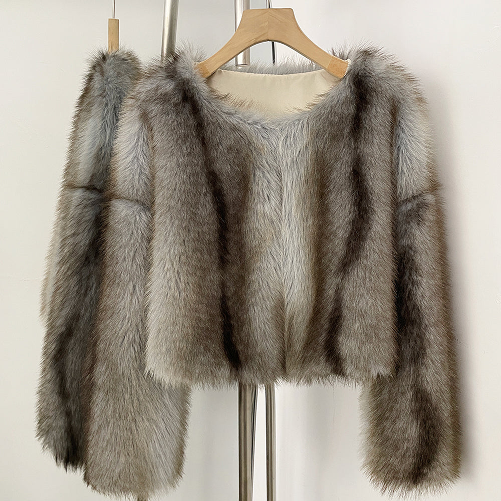 OFTBUY Luxury Collarless Faux Fur Jacket - Chic Short Fluffy Vegan Fur Coat for Women