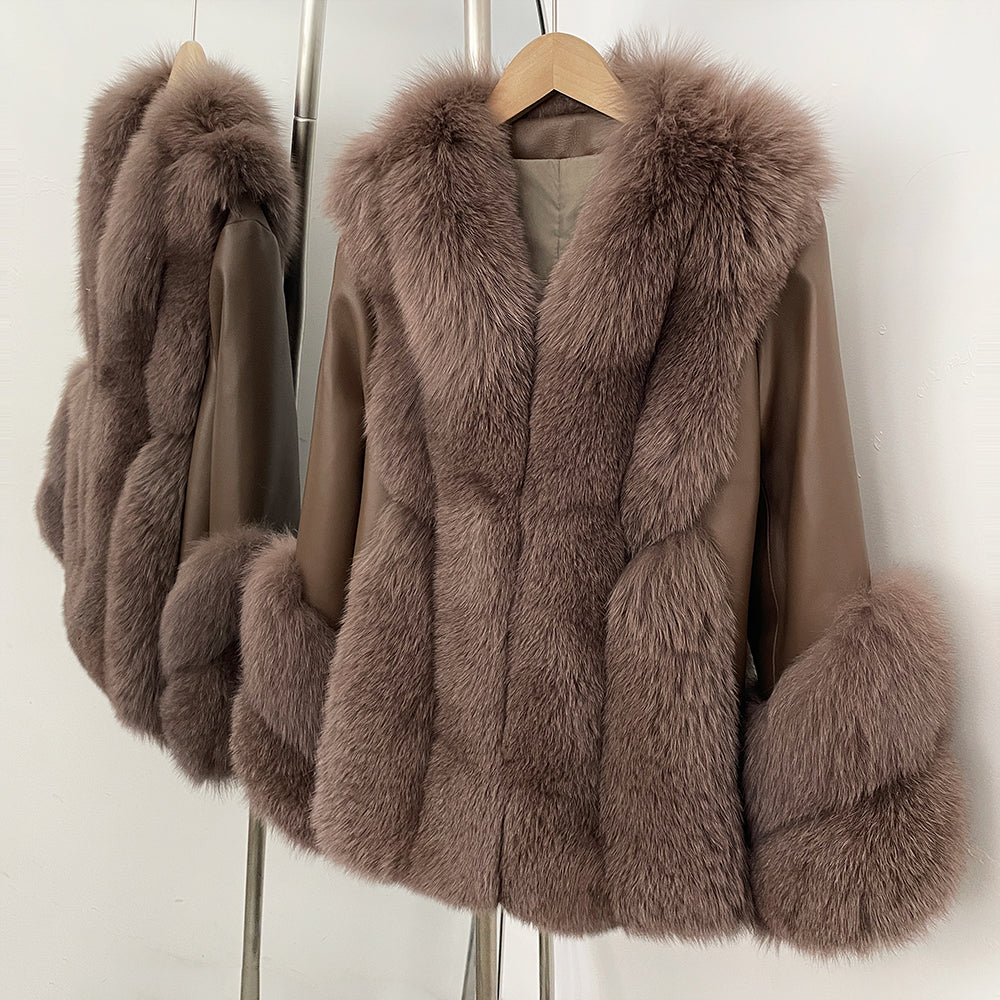OFTBUY Women's Real Fox Fur Coat with Genuine Leather Sleeves Luxury Natural Fur Jacket Female New Warm Winter Clother Outerwear