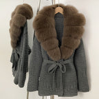 OFTBUY New Women's Knit Coat with Large Real Fox Fur Collar Belted Waist Striped Texture Pockets Winter Luxury Elegant Outerwear