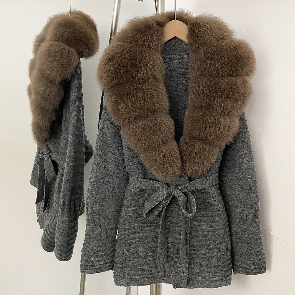 OFTBUY New Women's Knit Coat with Large Real Fox Fur Collar Belted Waist Striped Texture Pockets Winter Luxury Elegant Outerwear