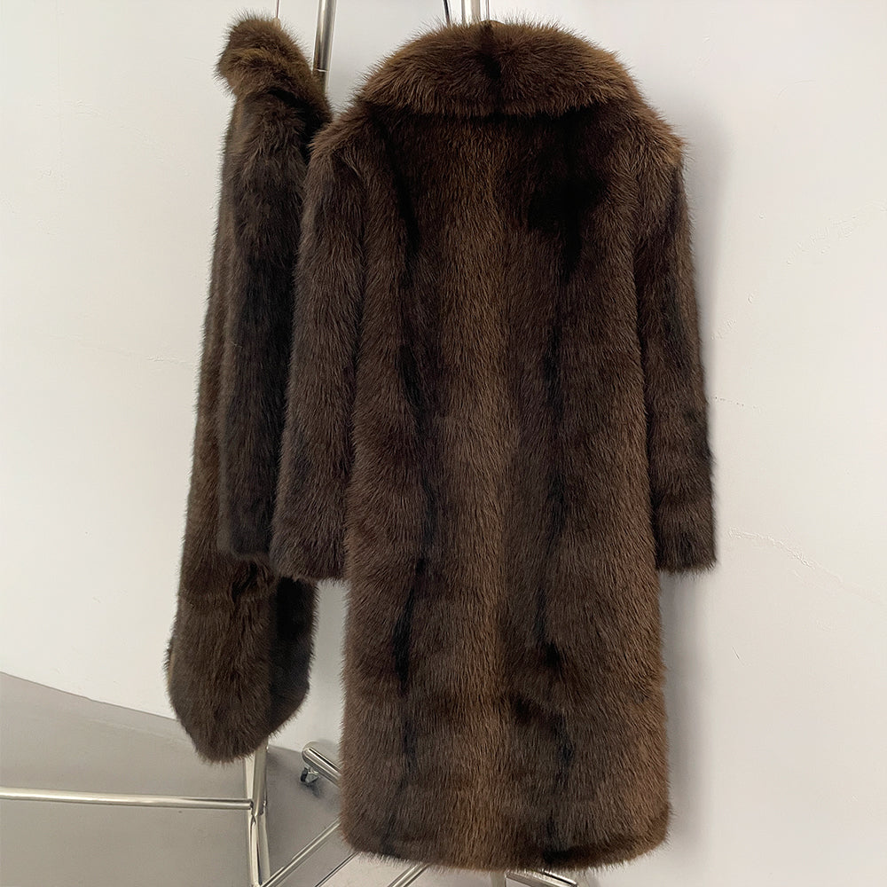 OFTBUY Luxury Long-Line Notch Lapel Faux Fur Coat - Elegant Winter Vegan Fur Overcoat