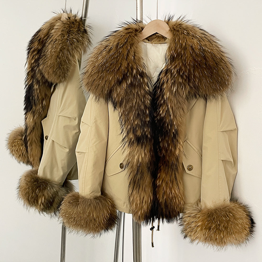 OFTBUY Fashion Warm White Duck Down Real Fur Top Clothes Female Big Natural Fox Fur Collar Coat New Autumn Winter Jacket Women