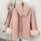 OFTBUY New Autumn Winter Top Clothes Women Fashion Warm Belt Real Fox Fur Double-Faced Wool Capr Jacket Female Loose Woolen Coat