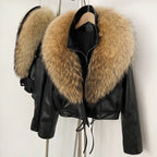 OFTBUY Women's Black Faux Leather Moto Jacket with Real Fox Fur Collar PU Leather Cropped Biker Coat Female New Winter Outerwear