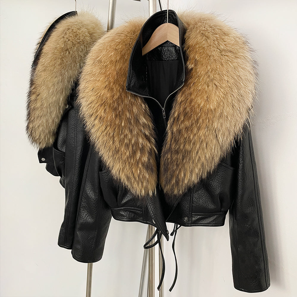 OFTBUY Women's Black Faux Leather Moto Jacket with Real Fox Fur Collar PU Leather Cropped Biker Coat Female New Winter Outerwear