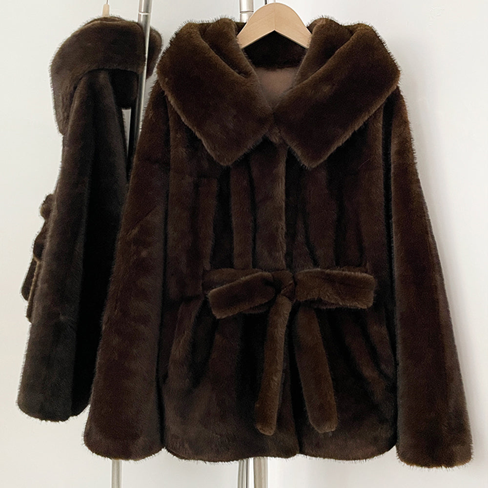 OFTBUY Wholesale Hooded Belt Faux Fur Coat Female Thickened Warm Fluffy Fake Fur Jacket Women New Winter Long Sleeve Fur Clothes Female
