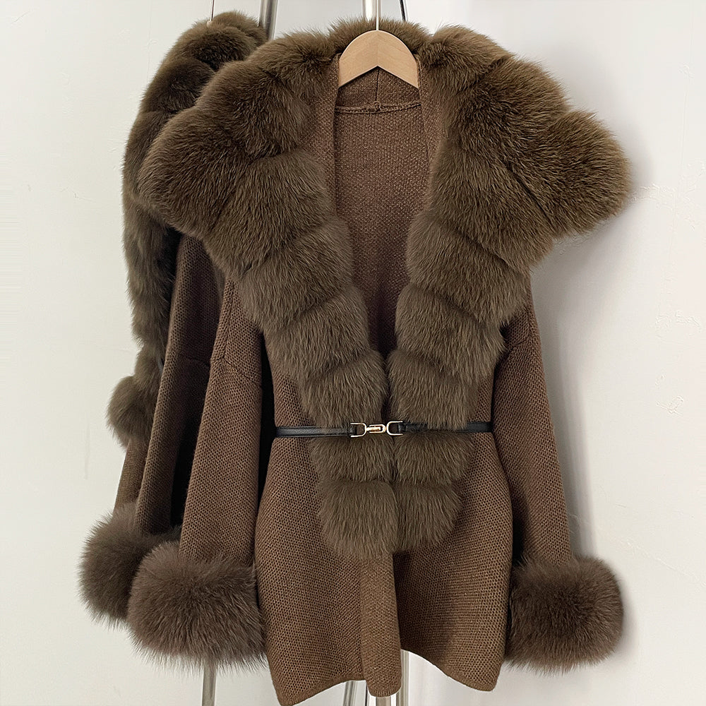 OFTBUY Belt Loose Fit Warm Winter Fashion Outerwear Natural Fur Sweater Female New Women's Knit Coat with Large Real Fox Fur