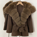 OFTBUY Belt Real Fox Fur Wool Coat Female New Autumn Winter Warm Clothes Women Natural Fox Fur Collar Cashmere Woolen Jacket