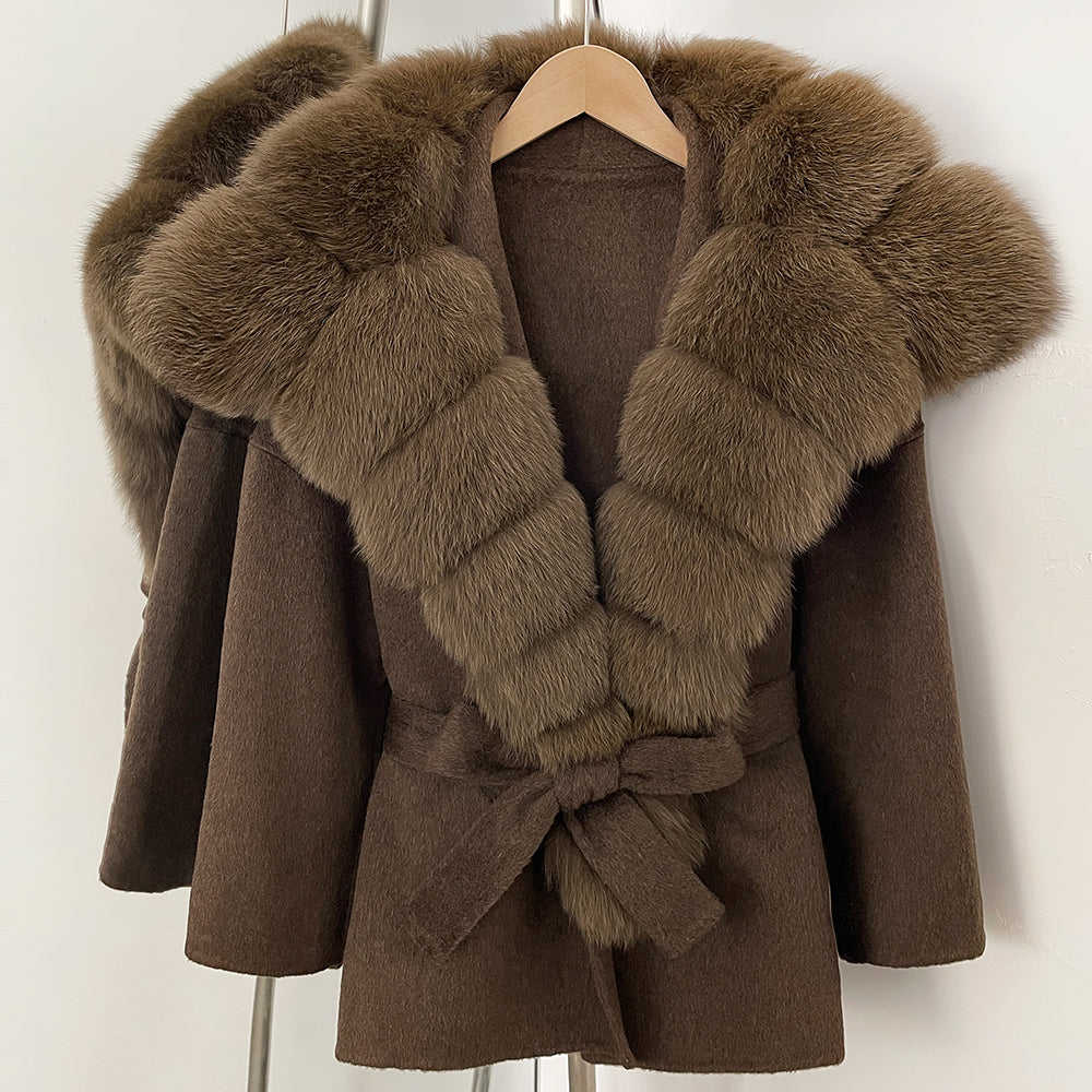 OFTBUY Belt Real Fox Fur Wool Coat Female New Autumn Winter Warm Clothes Women Natural Fox Fur Collar Cashmere Woolen Jacket