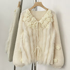 OFTBUY New Spring Winter Real Fox Fur Cardigan Clothing Women 3D Flowers Kint Sweater Coat Female Loose V-neck Knitwear Jacket