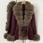 OFTBUY Belt Textured Knit Warm Winter Luxury Outerwear Female Sweater Cardigan New Women's Knit Coat with Large Real Fox Fur