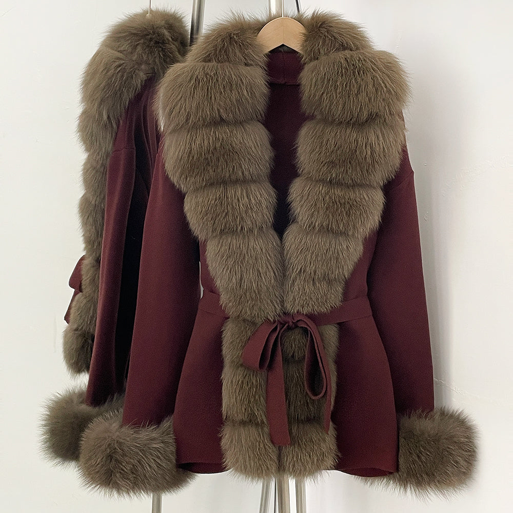 OFTBUY Belt Textured Knit Warm Winter Luxury Outerwear Female Sweater Cardigan New Women's Knit Coat with Large Real Fox Fur
