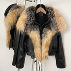 OFTBUY Women's Faux Leather Moto Jacket with Real Fox Fur Collar PU Leather Cropped Biker Coat with Lace-Up New Winter Outerwear