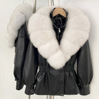 OFTBUY Women's Luxury Real Fox/Raccoon Fur Faux Leather Jacket Elastic Waist New Winter Coat Elegant PU Leather Outerwear Female